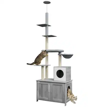 Front. Pawhut - Cat Tree with Litter Box Enclosure, 2 in 1 Floor to Ceiling Furniture with Condo, Hammock, Scratching Posts - Gray.