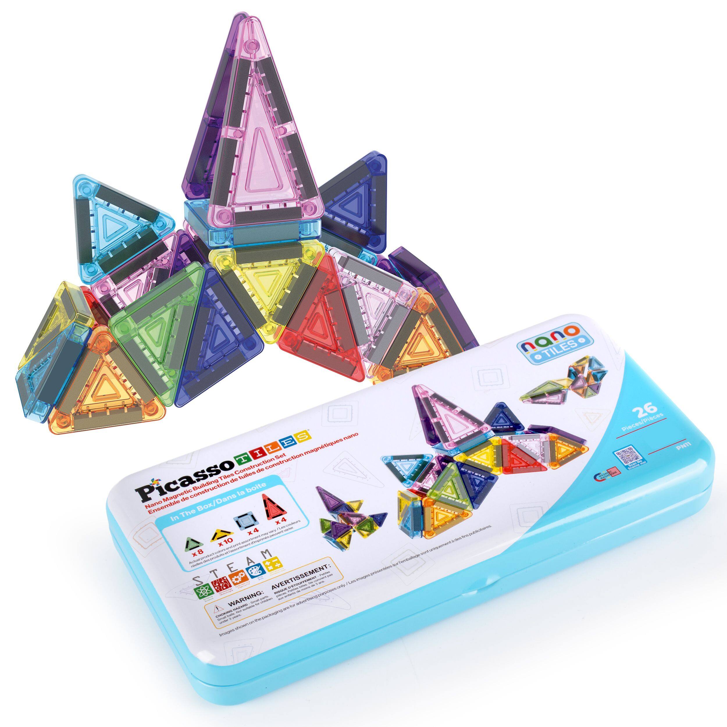 PicassoTiles - Nano 26pc Magnetic Tiles Building Set for Kids, Mini Travel STEM Construction Toy with Tin Case, Ages 3+