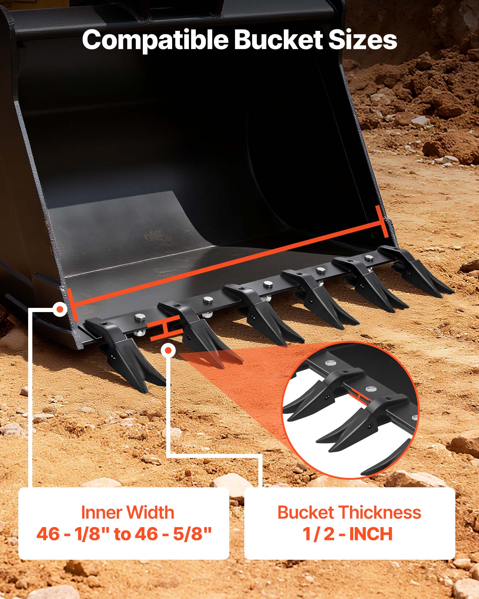 Compatible Bucket Sizes

Inner Width: 46 - 1/8" to 46 - 5/8"

Bucket Thickness: 1/2 - INCH