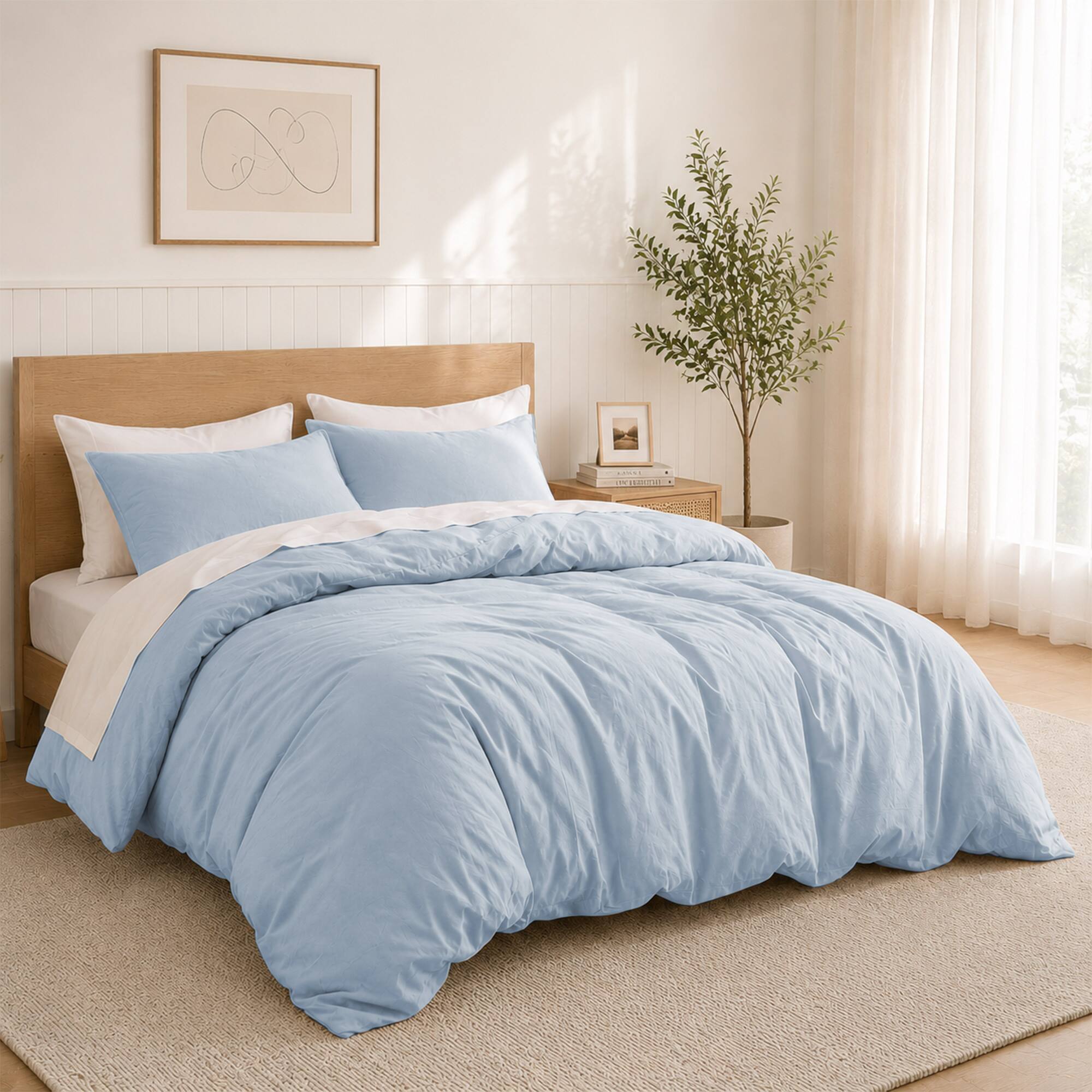 Angle. Peace Nest - Peace Nest All Season 100% Cotton Soft and Breathable Duvet Cover Set, Light Blue, King - Light Blue.
