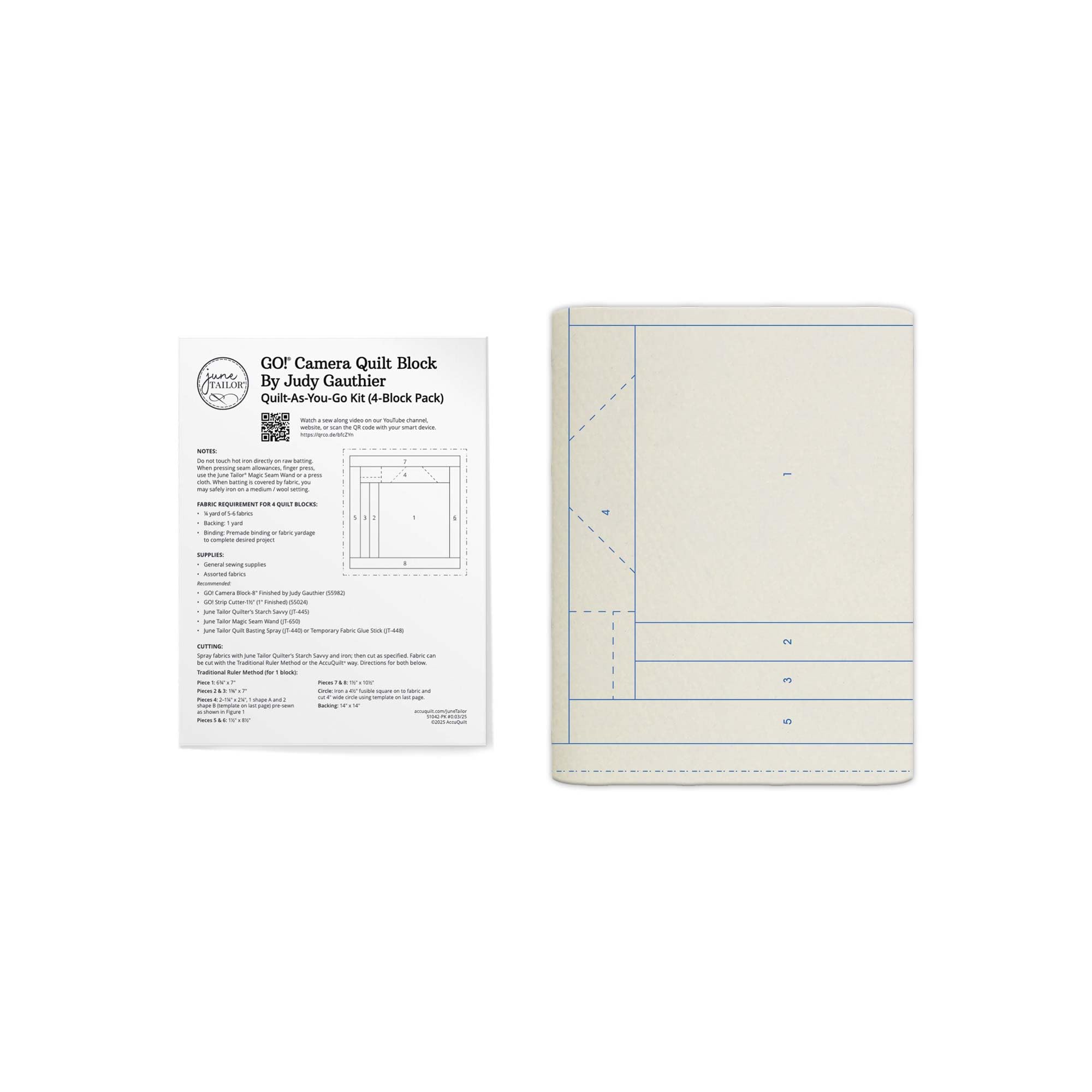 GO! Camera Quilt Block
By Judy Gauthier
Quilt-As-You-Go Kit (4-Block Pack)
Watch the video tutorial on YouTube Channel:
Judy Gauthier Quilting
NOTES:
- This pattern is not intended for commercial use.
- When pressing seams, use a pressing cloth to avoid fabric distortion.
- When pressing seams, use a pressing cloth to avoid fabric distortion.
- When pressing seams, use a pressing cloth to avoid fabric distortion.
- When pressing seams, use a pressing cloth to avoid fabric distortion.
- When pressing seams, use a pressing cloth to avoid fabric distortion.
FABRIC REQUIREMENTS FOR 4 BLOCKS:
- 1/2 yard background fabric
- 1/2 yard for camera body and lens
- 1/2 yard for camera strap and lens
- 1/2 yard for camera strap and lens
SUPPLIES:
- GO! Camera Block Die (Judy Gauthier #5988)
- GO! 5" Square Die (Judy Gauthier #5988)
- GO! 2.5" Square Die (Judy Gauthier #5