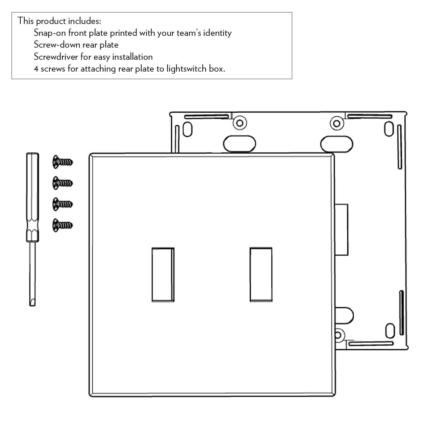This product includes:
- Snap-on front plate printed with your team's identity
- Screw-down rear plate
- Screwdriver for easy installation
- 4 screws for attaching rear plate to lightswitch box.