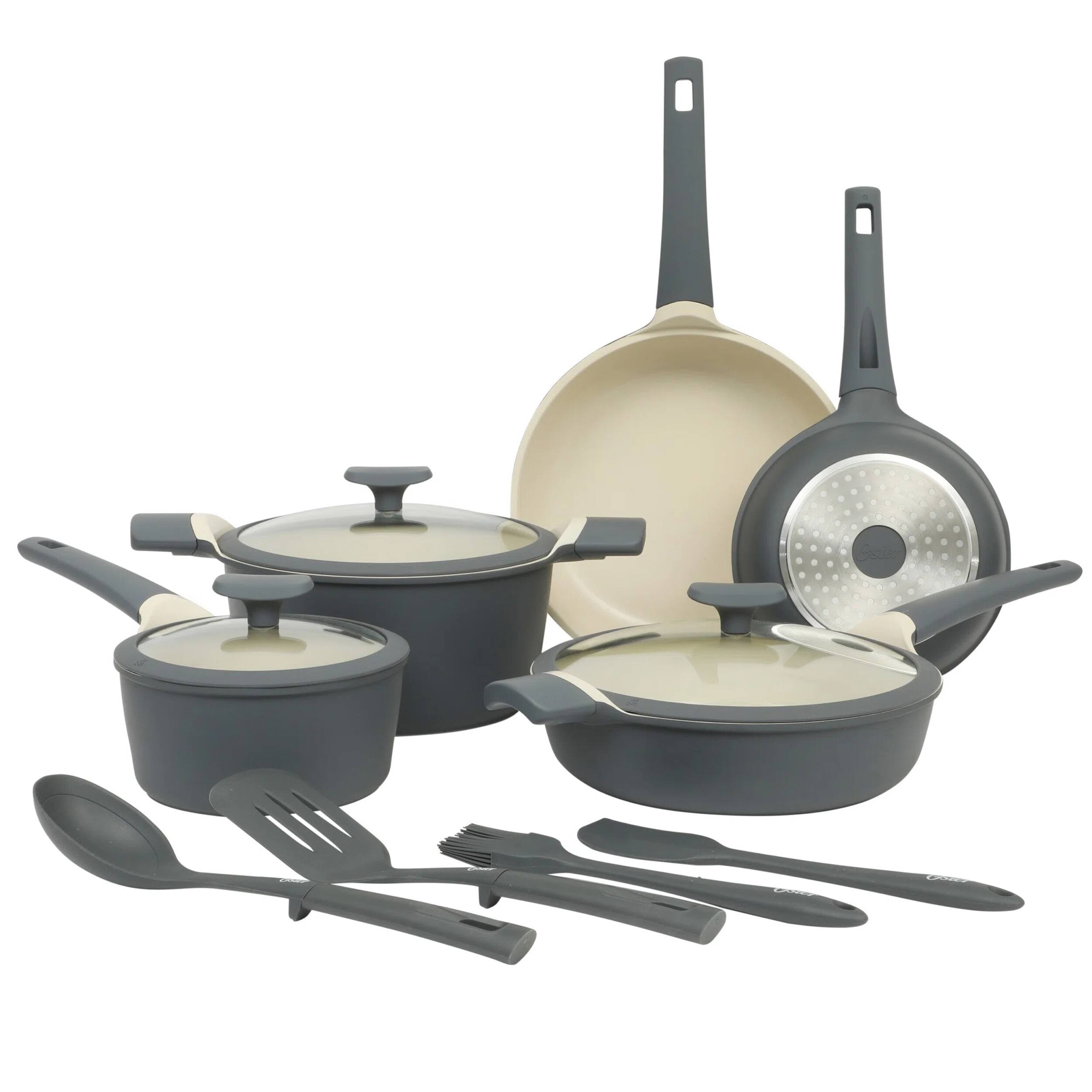 Front. Oster - Oster Rooney 12 Piece Cast Aluminum Ceramic Nonstick Cookware Set in Grey - Gray.