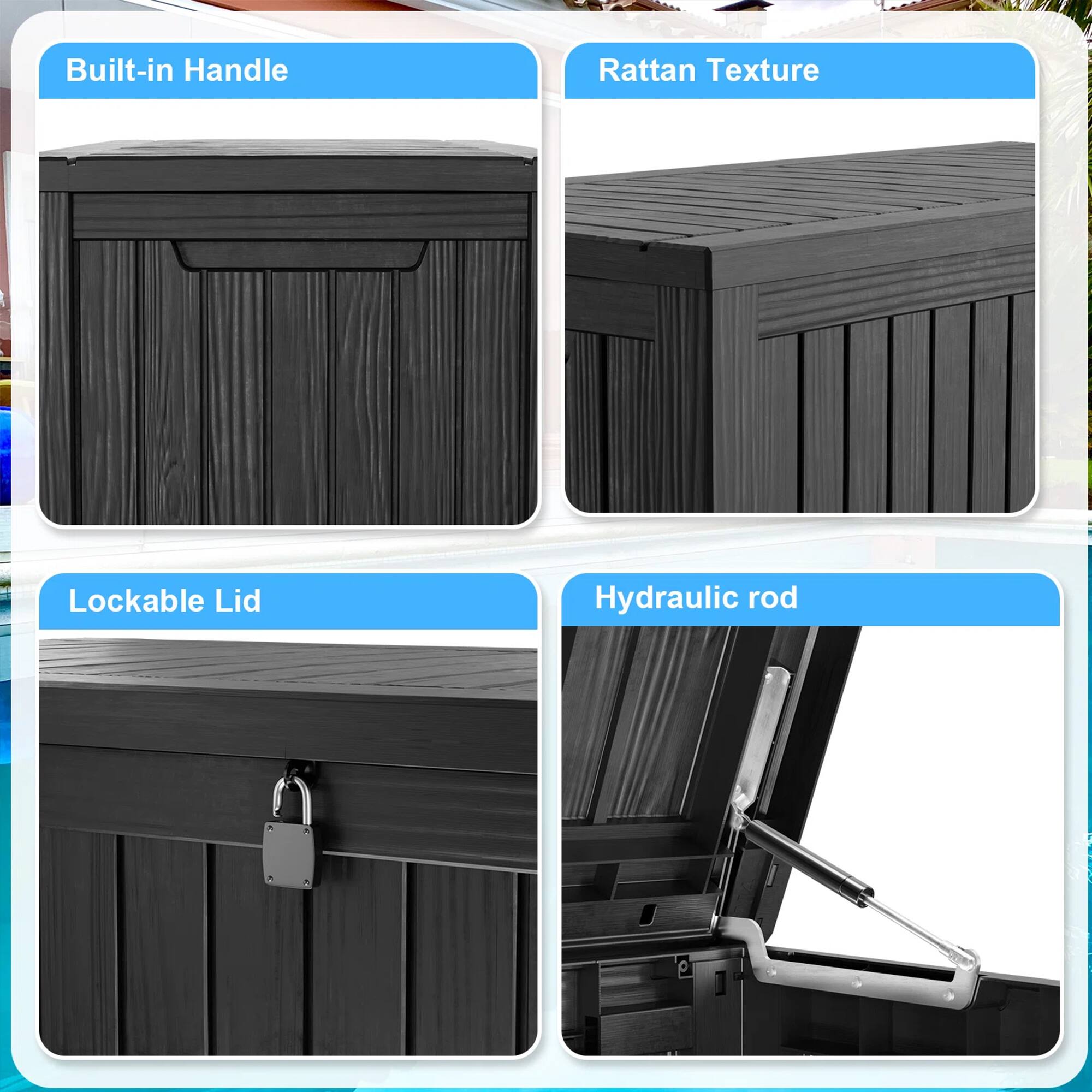 - Built-in Handle
- Rattan Texture
- Lockable Lid
- Hydraulic rod
