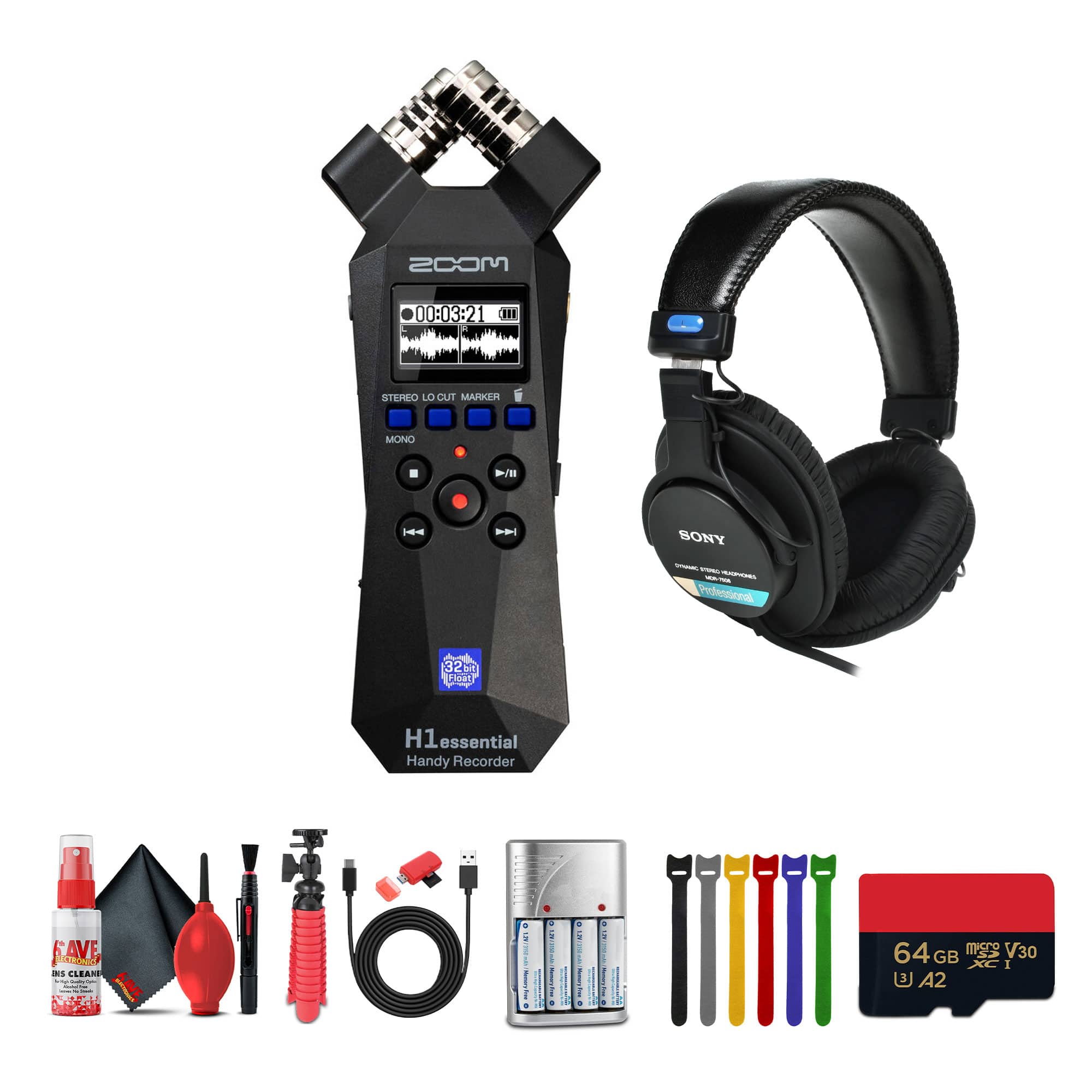 Zoom - H1essential 2-Track 32-Bit Float Audio Recorder + Headphones, Bundle