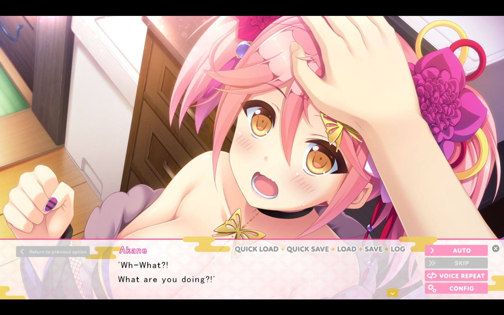 Return to previous option

Akane
'Wh-What?!' 'What are you doing?!'

QUICK LOAD + QUICK SAVE LOAD + SAVE LOG AUTO >> SKIP VOICE REPEAT CONFIG