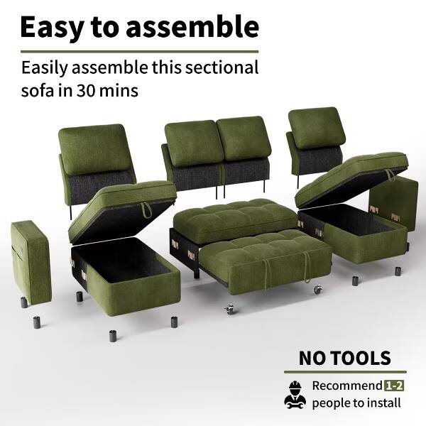 Easy to assemble  
Easily assemble this sectional sofa in 30 mins  

NO TOOLS  
Recommend 1-2 people to install