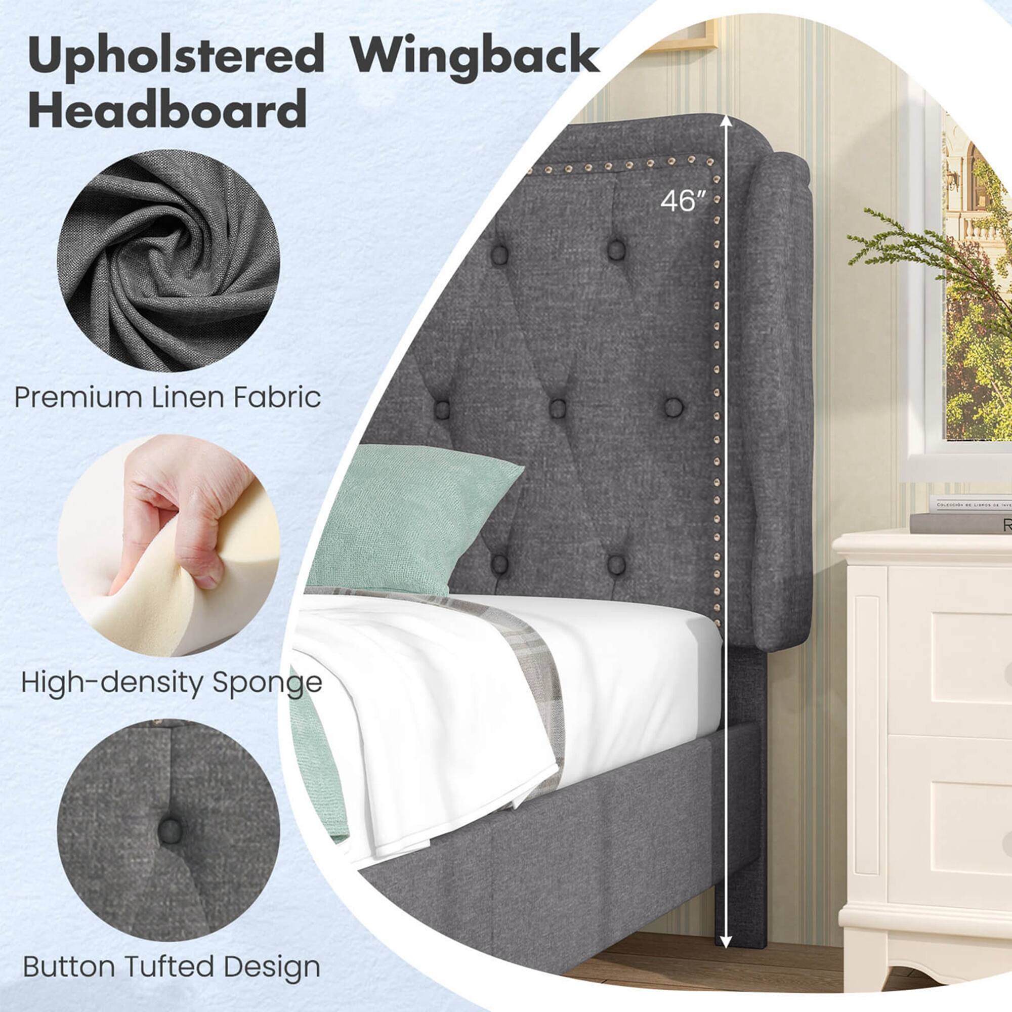 Upholstered Wingback Headboard 46" Premium Linen Fabric High-density Sponge Button Tufted Design