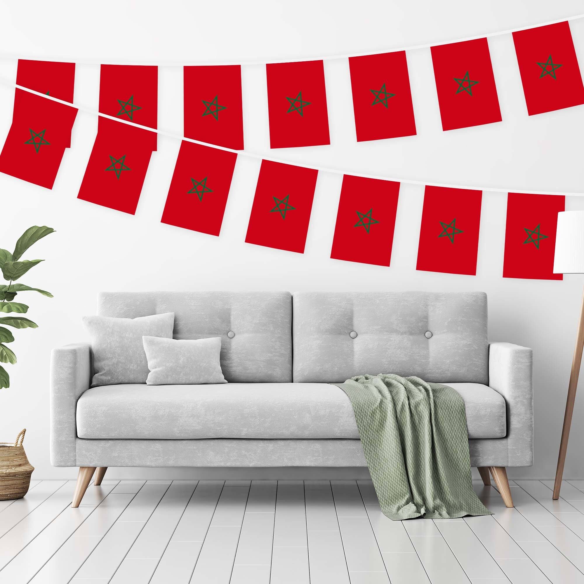 Angle. G128 - Morocco Flag Bunting Banner, 33 ft String with 38 Mini Flags, 8.2 x 5.5 in, 150D Polyester - Assorted Colors.