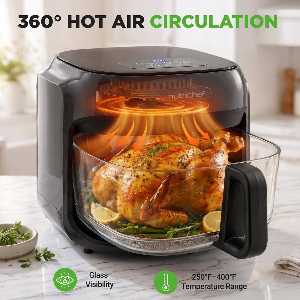 360° HOT AIR CIRCULATION

nutrichef

Glass Visibility

250°F–400°F Temperature Range