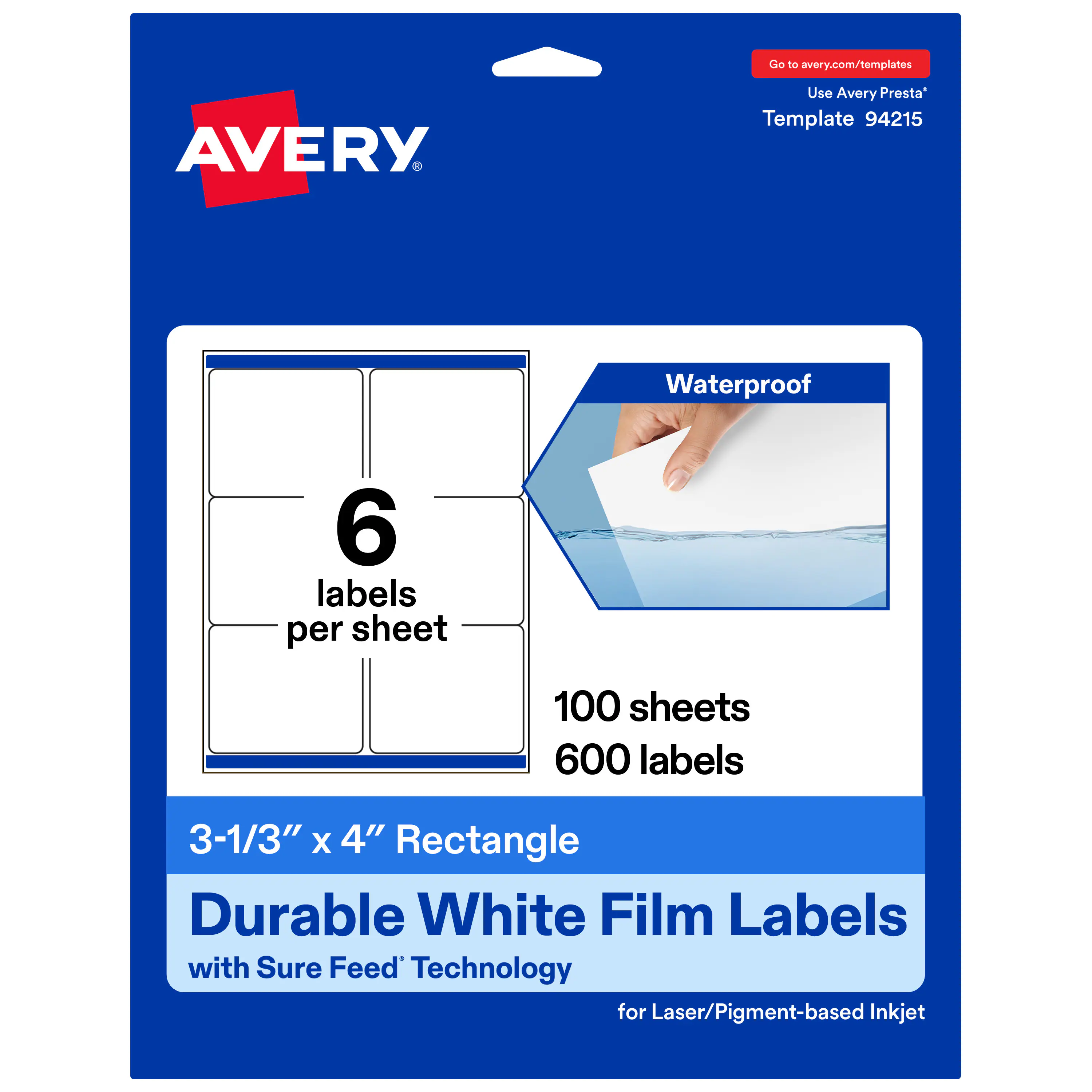 Go to avery.com/templates  
Use Avery Presta™ Template 94215  

Waterproof  
6 labels per sheet  
100 sheets  
600 labels  

3-1/3" x 4" Rectangle  
Durable White Film Labels with Sure Feed™ Technology for Laser/Pigment-based Inkjet