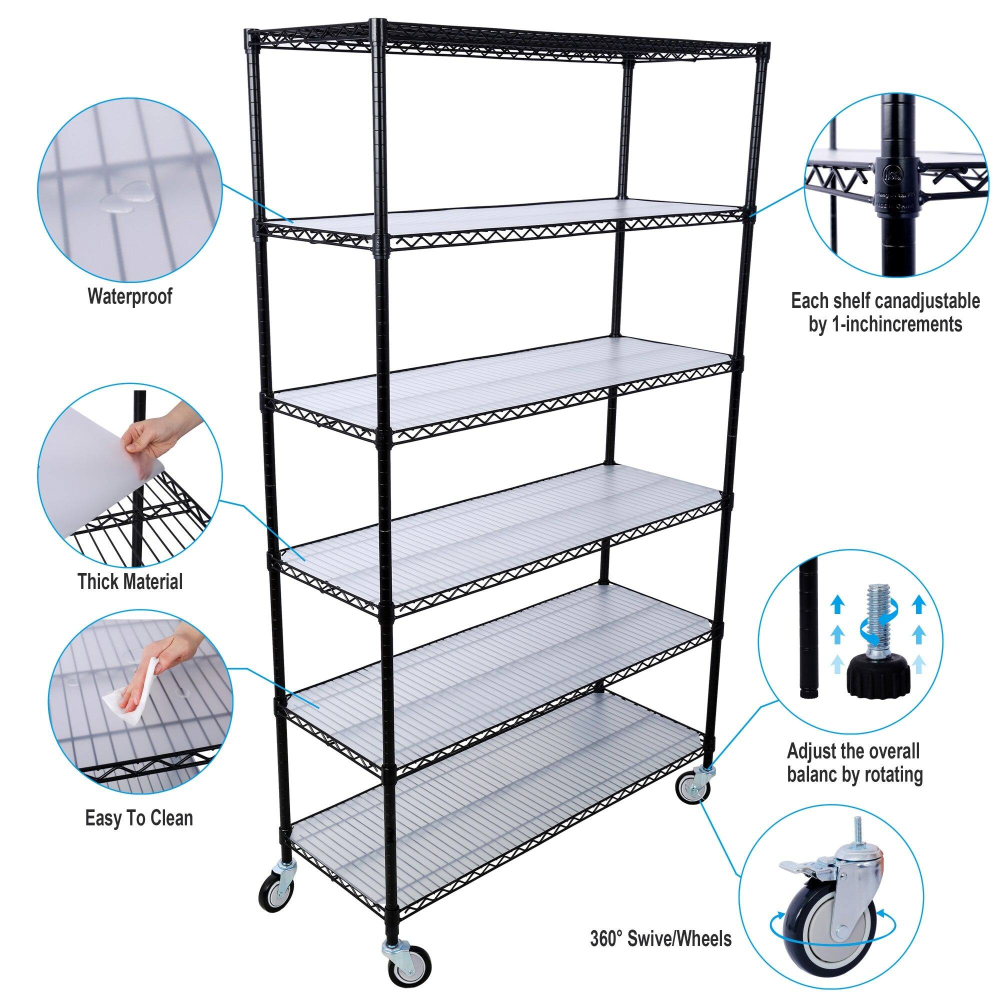 Waterproof  
Each shelf can be adjustable by 1-inch increments  
Thick Material  
Adjust the overall balance by rotating  
Easy To Clean  
360° Swivel/Wheels