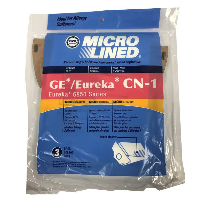 Ideal for Allergy Sufferers!

DVC BRAND MICRO LINED

Vacuum Bags / Bolsas de Aspiradora / Sacs d'Aspirateur

DESIGNED TO FIT / DISEÑADO A MEDIDA / CONÇU POUR S'ADAPTER À

GE* / Eureka* CN-1

Eureka* 6850 Series

MICROFILTRATION

2-Ply Filtration System Captures 99.7% Microscopic Particles & Allergens Ideal for Allergy Sufferers!

Sistema de filtración de 2 capas Captura el 99.7% de las partículas microscópicas y de los alérgenos ideales para quienes sufren de alergias!

Système de filtration à 2 couches Capturant 99.7% des particules microscopiques et des allergènes idéal pour les personnes qui souffrent d'allergies!

Micro-Liner®

3 BAGS / BOLSAS / SACS

*Registered trademark of vacuum cleaner manufacturer. / *Marque de commerce déposée de fabricant d'aspirateur.