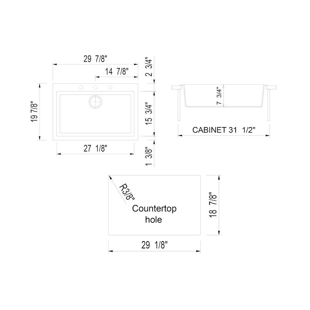 Here is the corrected and grouped text from the image:

- **Cabinet Dimensions:**
  - Width: 31 1/2"
  - Height: 7 3/4"

- **Cooktop Dimensions:**
  - Width: 29 7/8"
  - Depth: 14 7/8"
  - Height: 19 7/8"

- **Countertop Hole:**
  - Diameter: 7/8"
  - Radius: R3/8"

- **Additional Dimensions:**
  - 27 1/8"
  - 18 7/8"
  - 2 3/4"
  - 15 3/4"
  - 2 3/4"