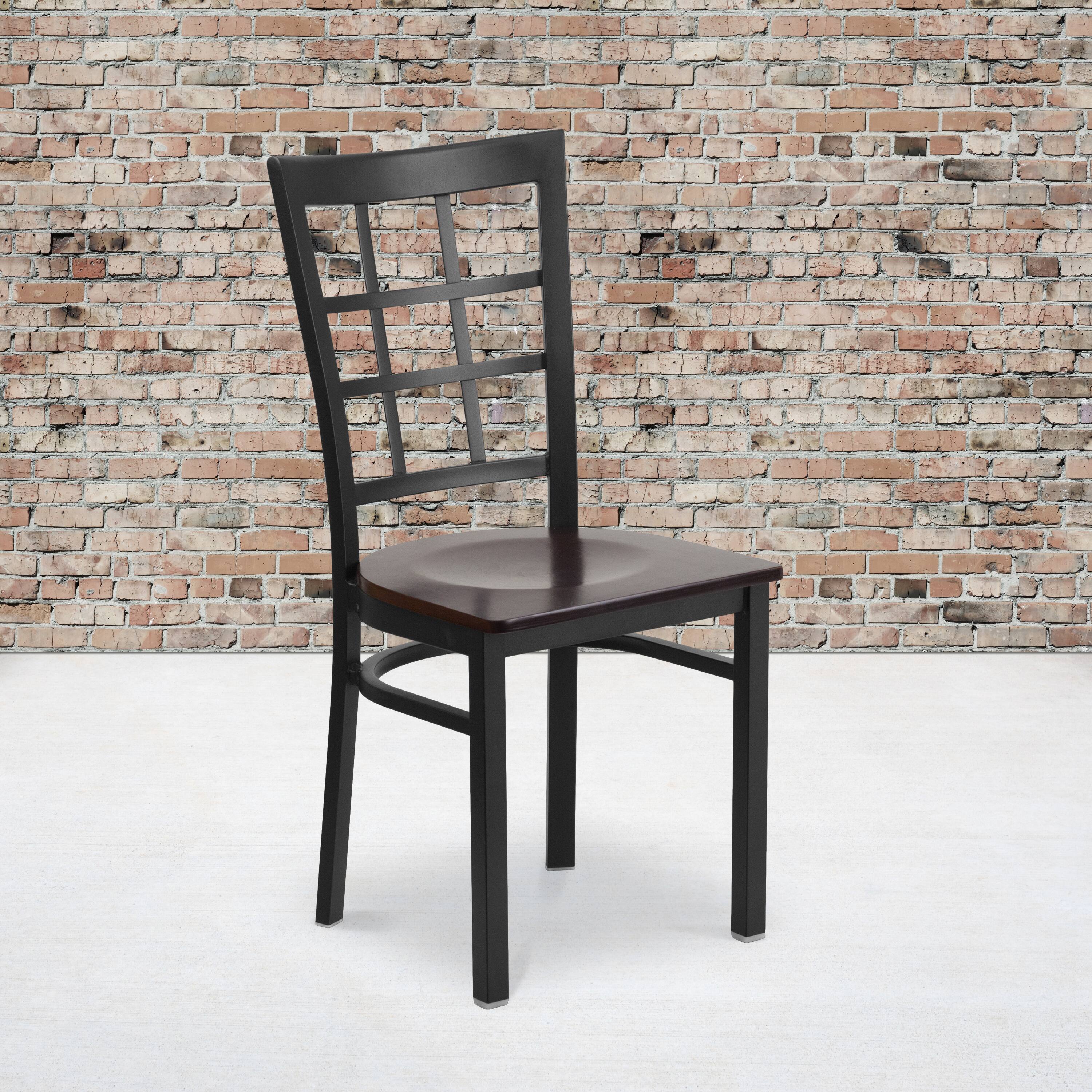 Alt View 2. Emma + Oliver - 2 Pack Window Back Metal Restaurant Chair - Walnut Wood Seat/Black Metal Frame.