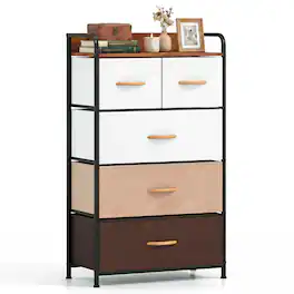 Costway - 5-Drawer Dresser Storage 4-Tier Organizer Tower Steel Frame Wooden Top - Cream
