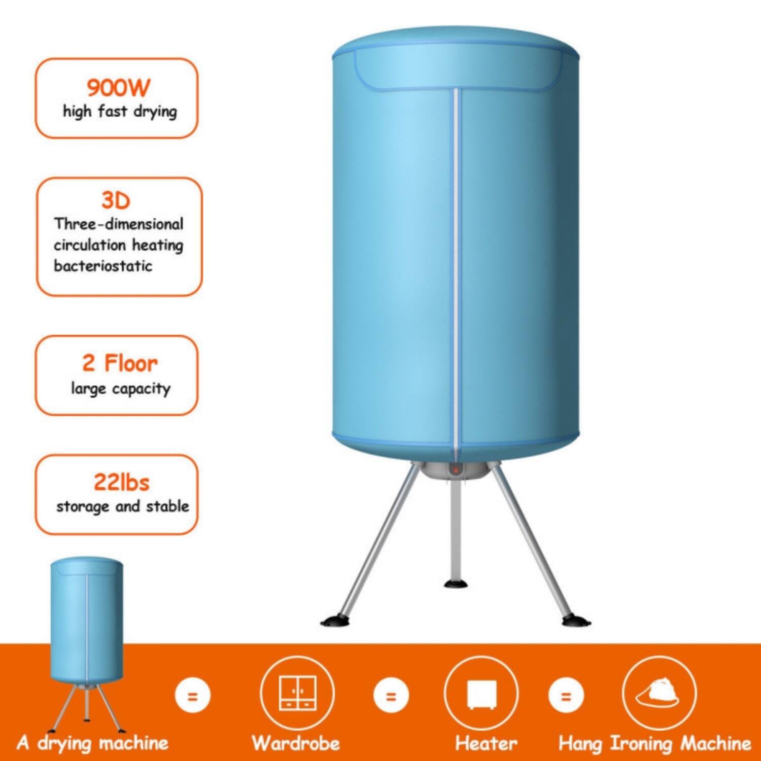 900W high fast drying  
3D Three-dimensional circulation heating bacteriostatic  
2 Floor large capacity  
22lbs storage and stable  

A drying machine  
Wardrobe Heater  
Hang Ironing Machine