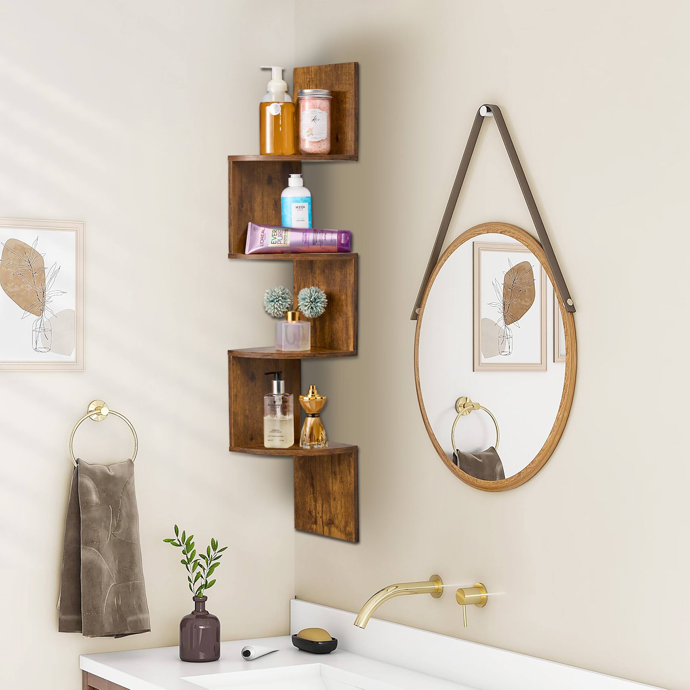 Alt View 1. Sorbus - Sorbus 5-Tier Zig Zag Floating Corner Wall Bookshelf Unit – (40" Tall) for Living Room, Bedroom, Office, & More - Brown.