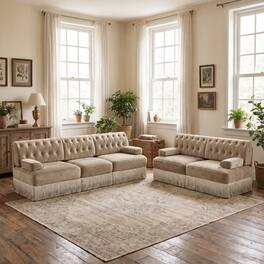 Anysun - Chesterfield Upholstered 2‑Piece Sofa Set, 1Pc 2-Seater & 1Pc 3-Seater Button-Tufted Velvet Couch with Tassel Skirt - Camel