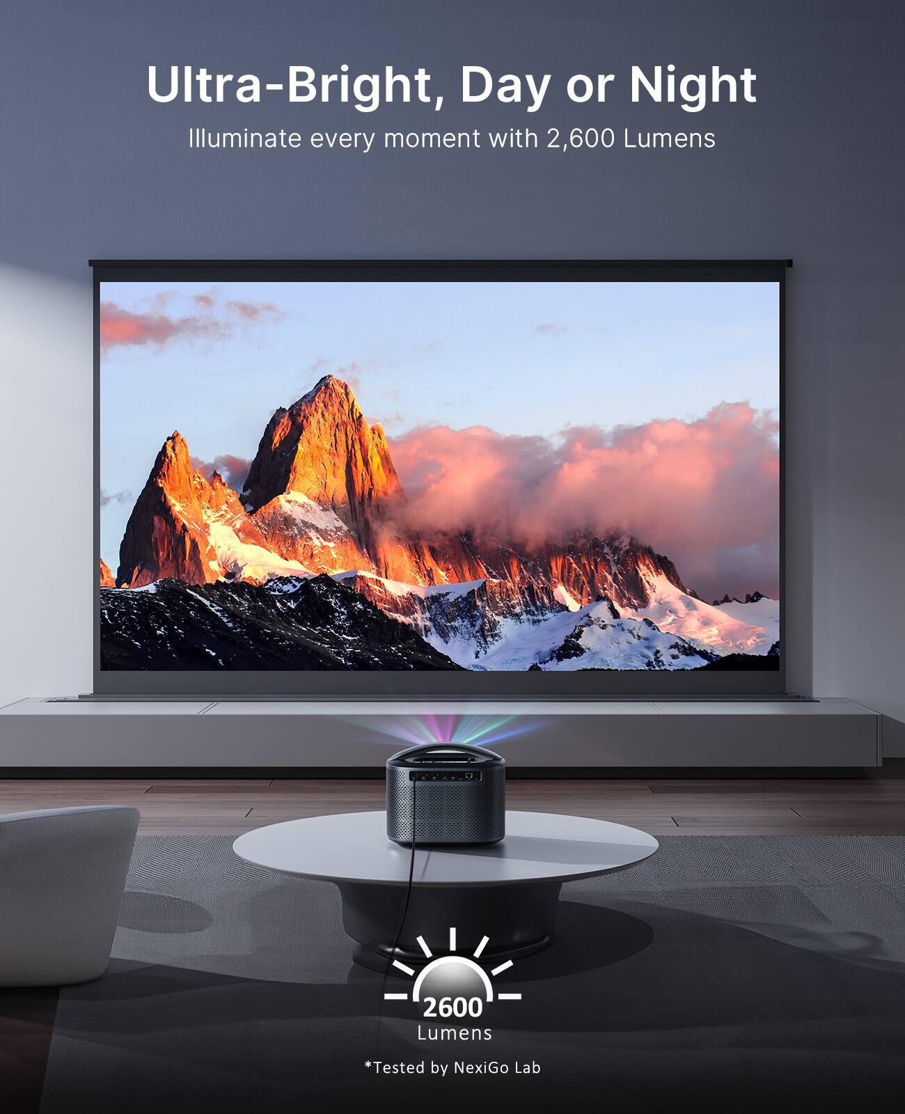 Ultra-Bright, Day or Night  
Illuminate every moment with 2,600 Lumens  

2600 Lumens  
*Tested by NexiGo Lab