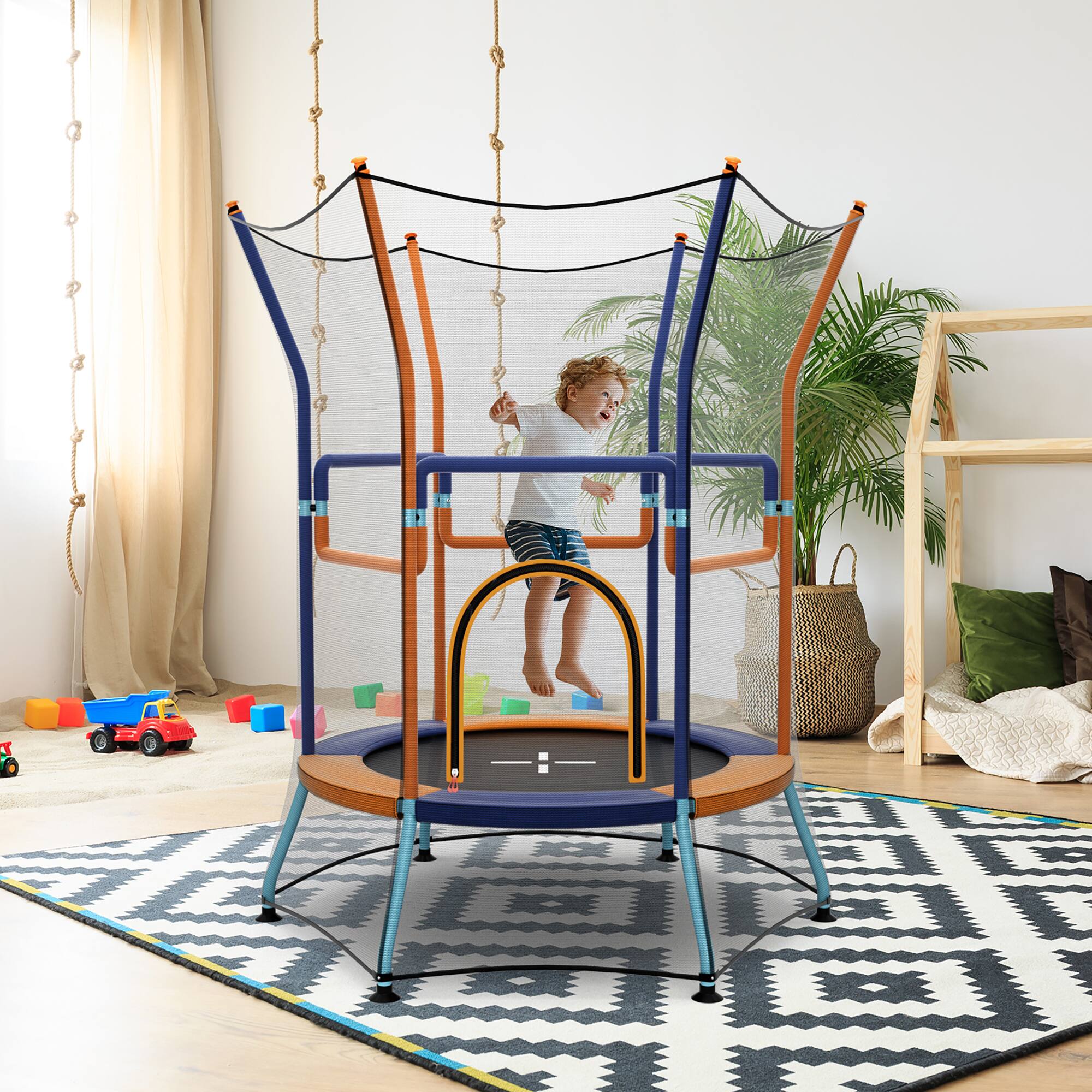 Alt View 1. Gymax - Gymax Kids Mini Trampoline w/ 59'' Higher Enclosure Net Seamless Jumping Mat Zipper Door Orange & Blue - Orange, Blue.