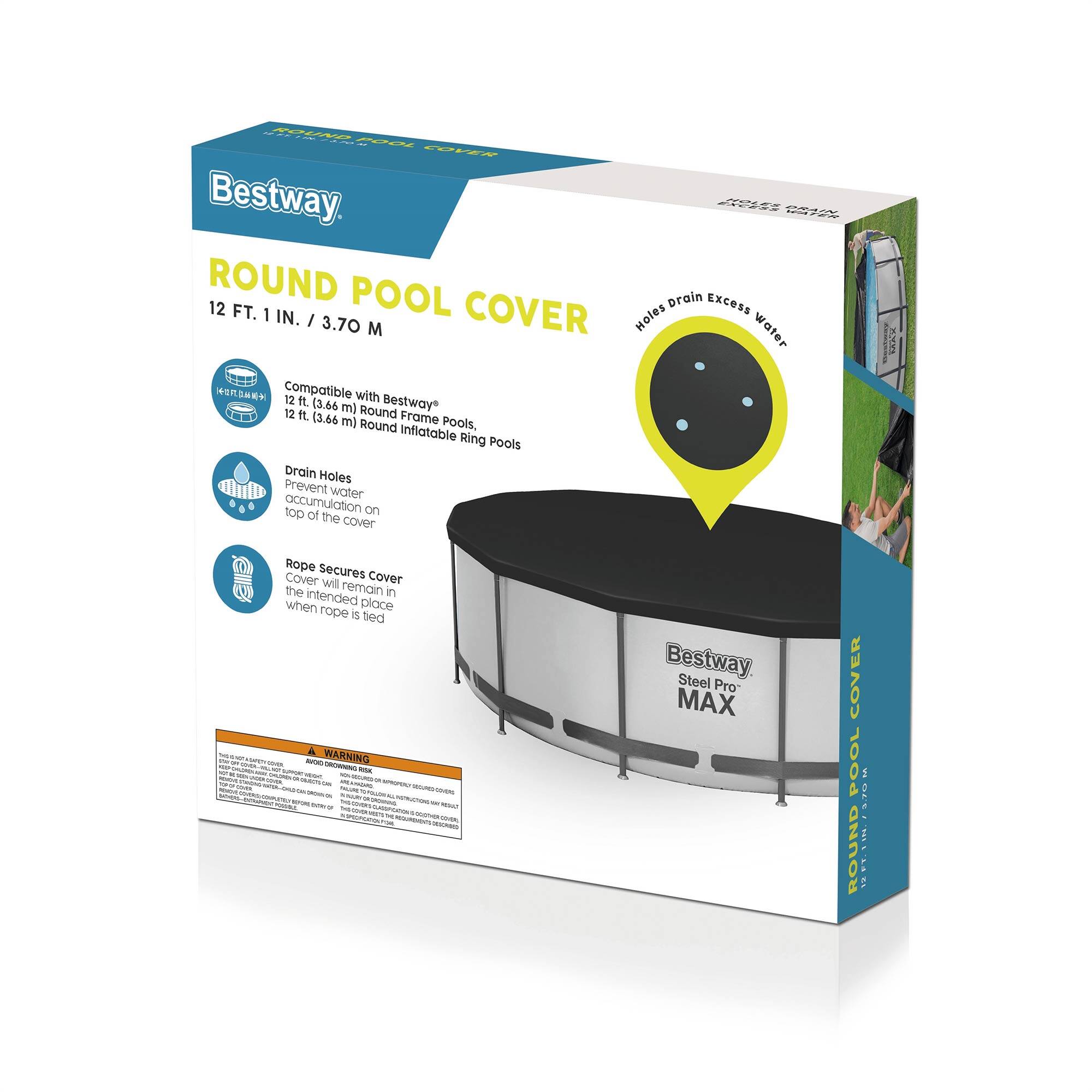 Bestway ROUND POOL COVER  
12 FT. 1 IN. / 3.70 M  

Compatible with Bestway® 12 ft. (3.66 m) Round Frame Pools, 12 ft. (3.66 m) Round Inflatable Ring Pools  

Drain Holes prevent water accumulation on top of the cover  

Rope Secures Cover so it will remain in the intended place when rope is tied  

WARNING: Avoid climbing on the cover. Do not use the cover as a diving board.