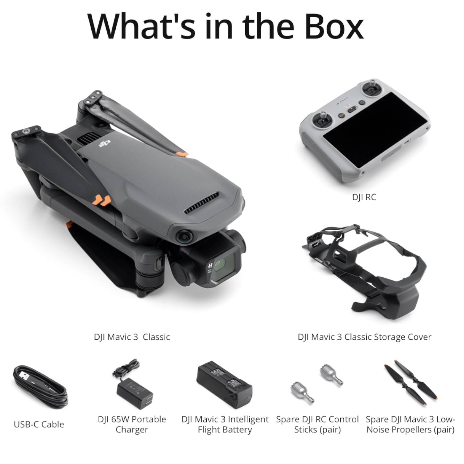 What's in the Box

- DJI Mavic 3 Classic
- DJI RC
- DJI Mavic 3 Classic Storage Cover
- USB-C Cable
- DJI 65W Portable Charger
- DJI Mavic 3 Intelligent Flight Battery
- Spare DJI RC Control Sticks (pair)
- Spare DJI Mavic 3 Low-Noise Propellers (pair)
