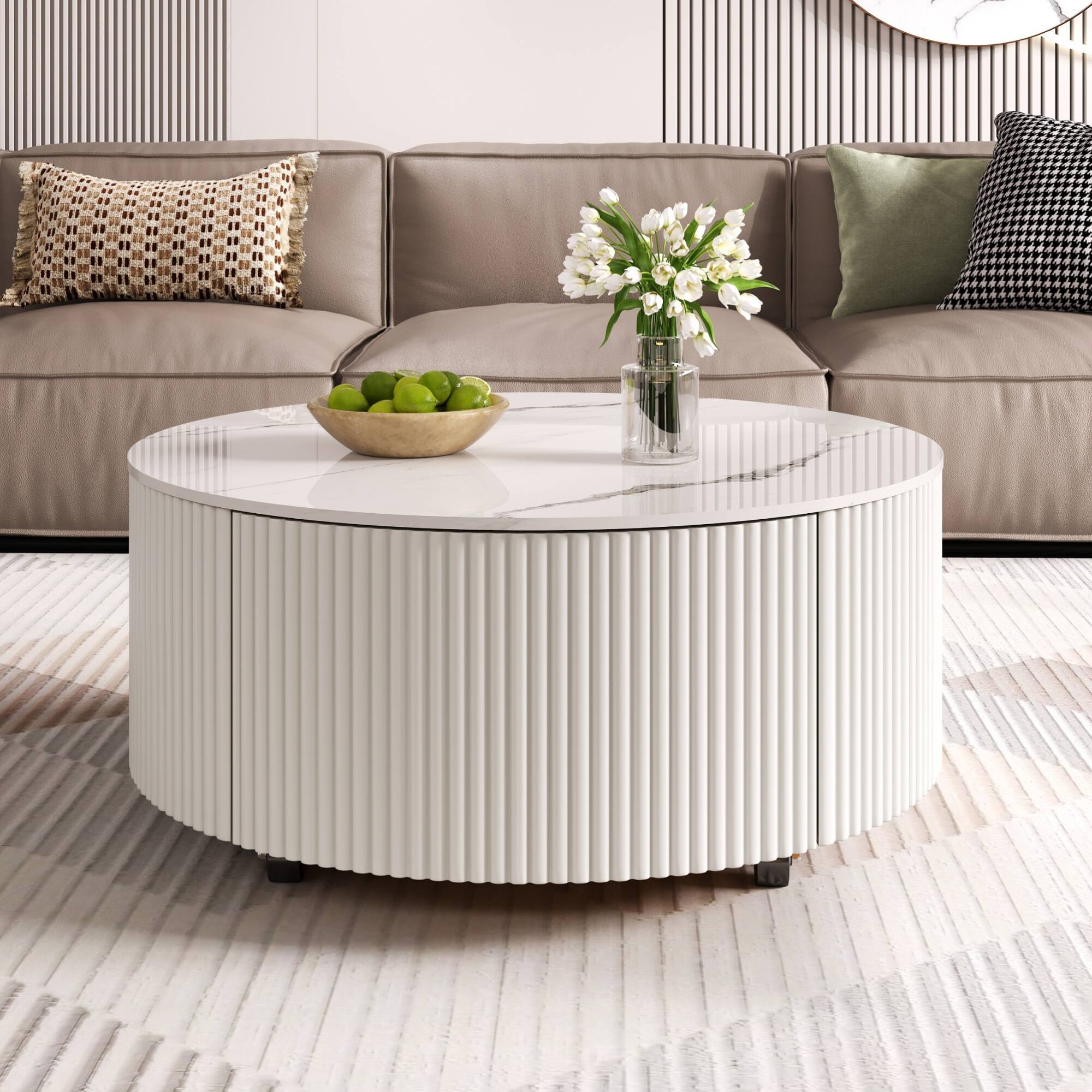 Angle. GOODSILO - Modern Round Mobile Coffee Table with Two Drawers and Marble-Pattern Top - White.