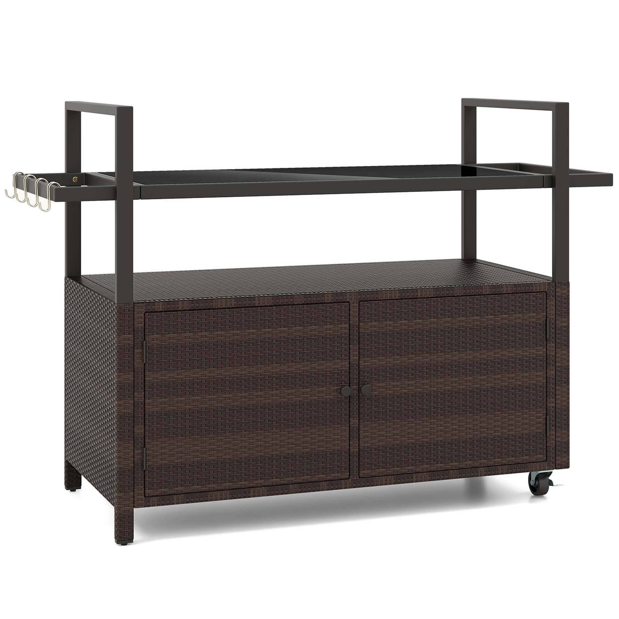 Alt View 9. Costway - Costway Outdoor Bar Cart with Tempered Glass Top Storage Cabinet & 8 Hooks for Porch - Brown.