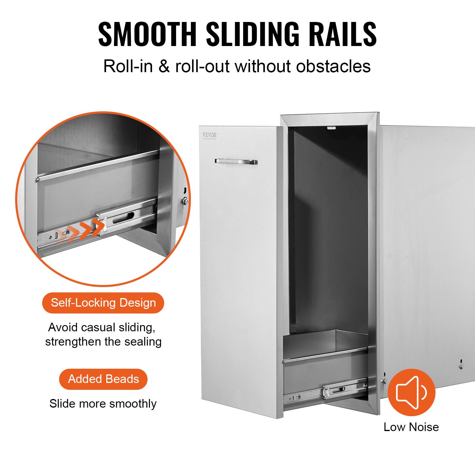 SMOOTH SLIDING RAILS  
Roll-in & roll-out without obstacles  

Self-Locking Design  
Avoid casual sliding, strengthen the sealing  

Added Beads  
Slide more smoothly  

Low Noise