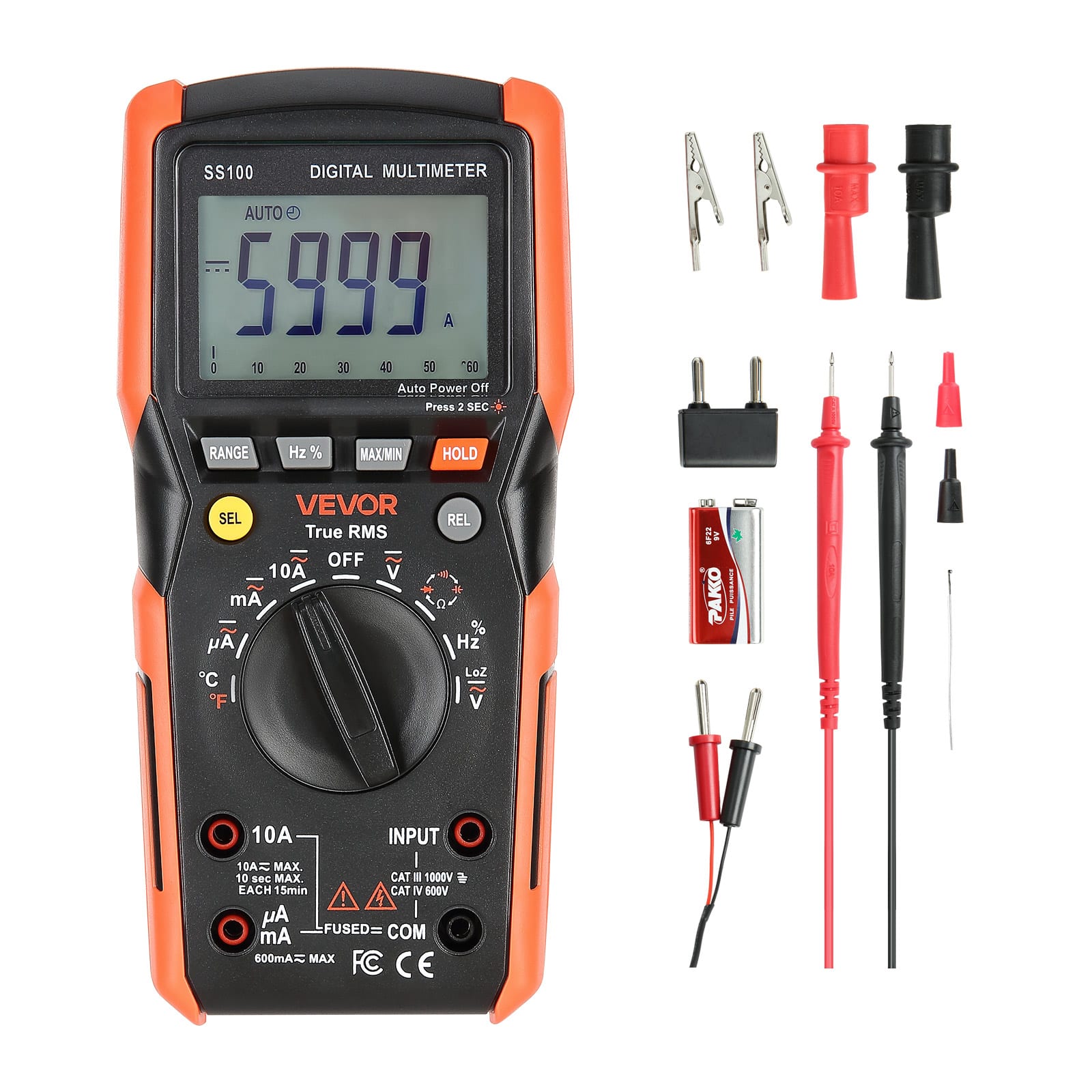 VEVOR - Digital Multimeter,6000-Count TRMS DC/AC Voltmeter Current Tester,Auto-Ranging Multimeter for Current Voltage Resistance - Black;Orange