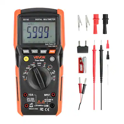 SS100 DIGITAL MULTIMETER AUTO C 5999 A I 0 10 20 30 40 50 "60 Auto Power Off Press 2 SFC RANGE Hz % MAXMIN HOLD VEVOR SEL True RMS OFF 10A V mA y C F REL a % Hz Loz V SPEA A PAKKO | 10A INPUT 10A MAX 10 sOc MAX CAT . 1000V EACH 15min CAT I 600V y I FUSED= COM mA 500mA MAX FC C E