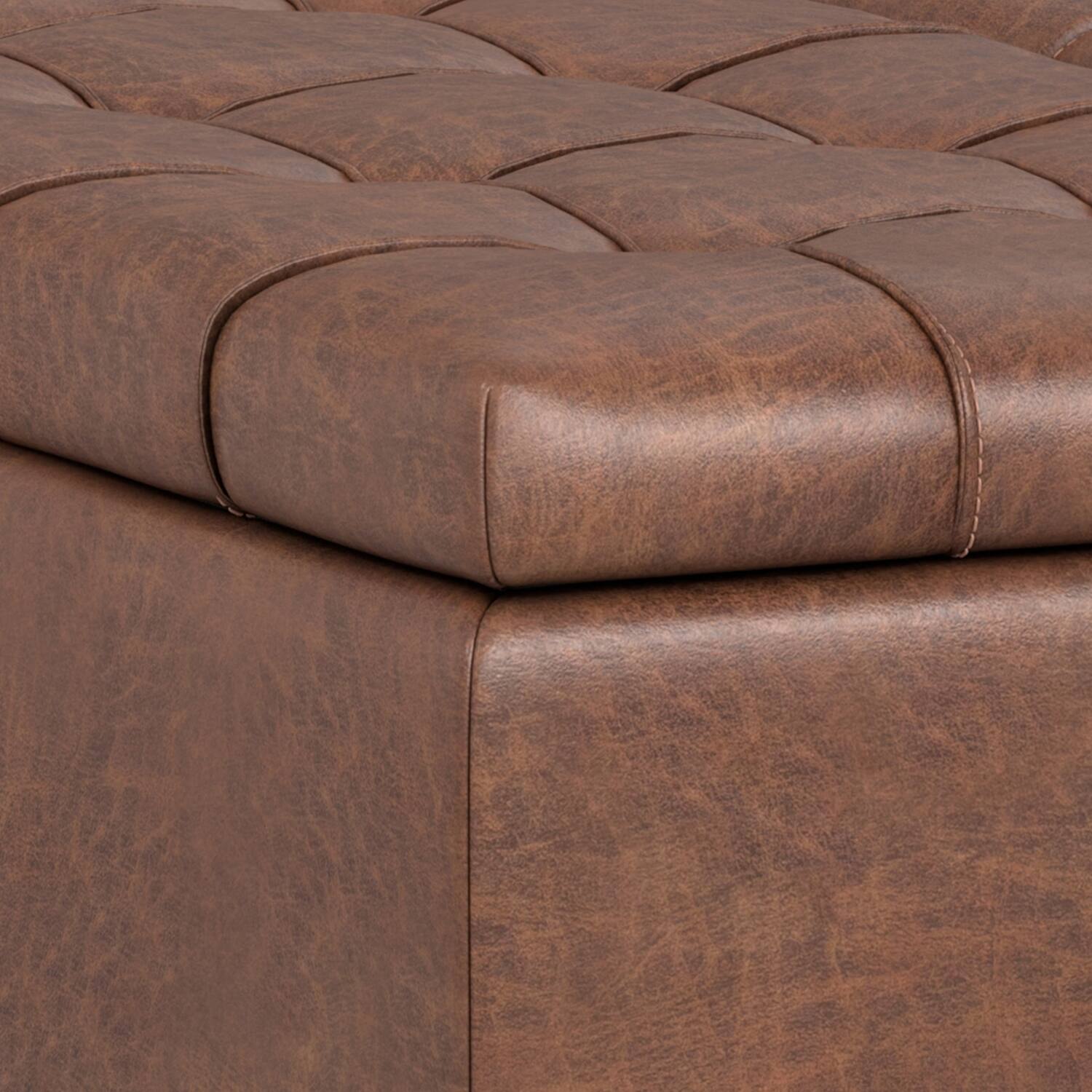 Alt View 8. Simpli Home - Laura 36 inch Wide Mid Century Square Lift Top Storage Ottoman in Distressed Saddle Brown  Vegan Faux Leather, Assembled - Distressed Saddle Brown.