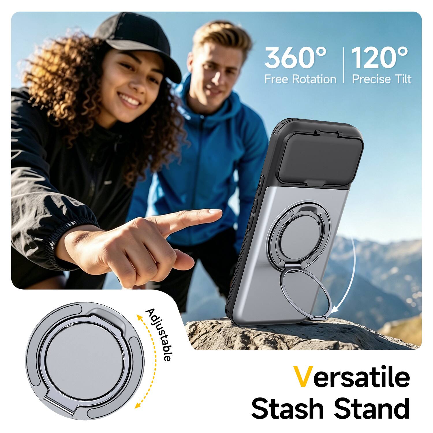 360° 120° Free Rotation Precise Tilt  
Adjustable  
Versatile Stash Stand