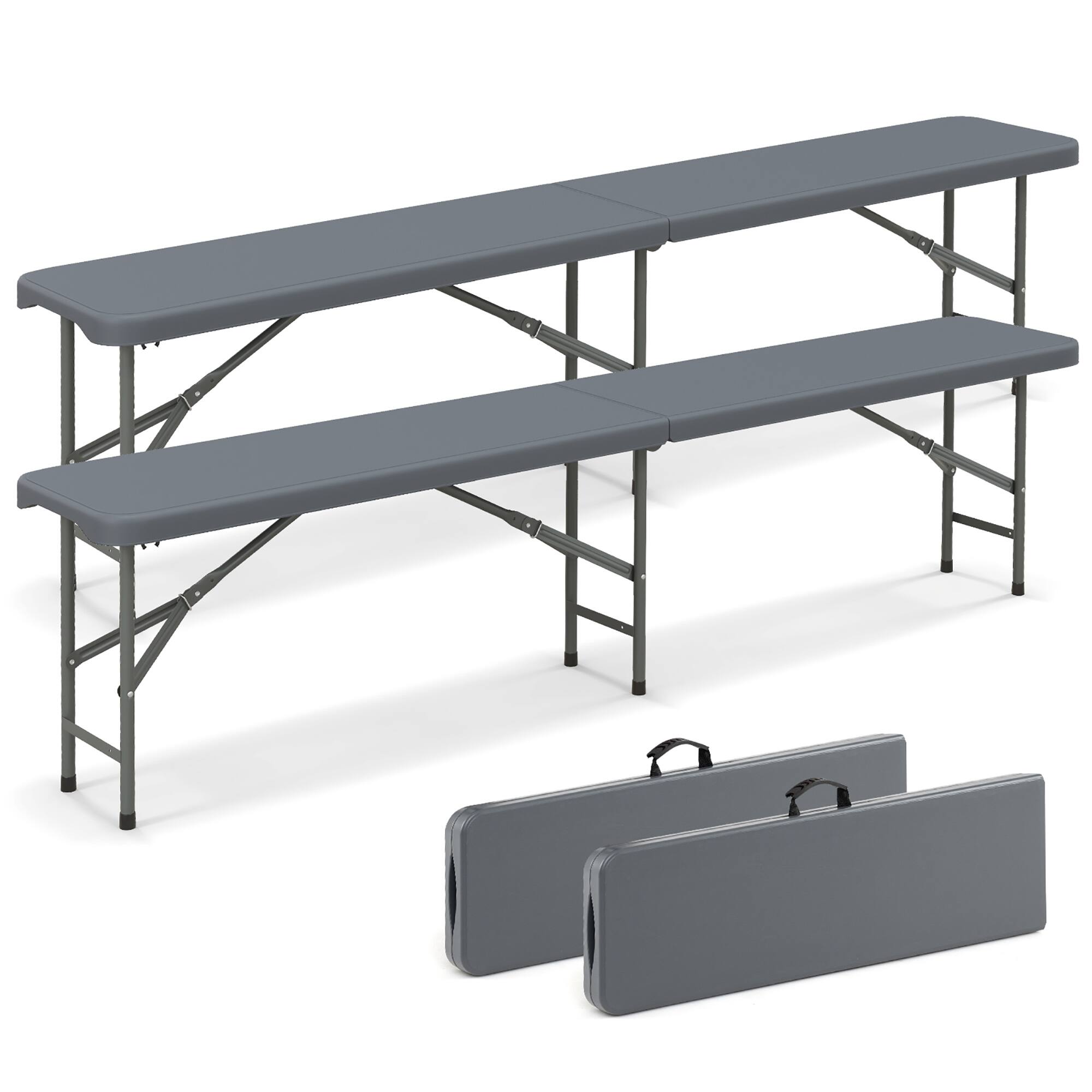 Front. Gymax - Gymax 2PCS 6 ft Plastic Folding Bench w/ 1320 LBS Capacity Handle & Lock For Outdoor Gray - Gray.