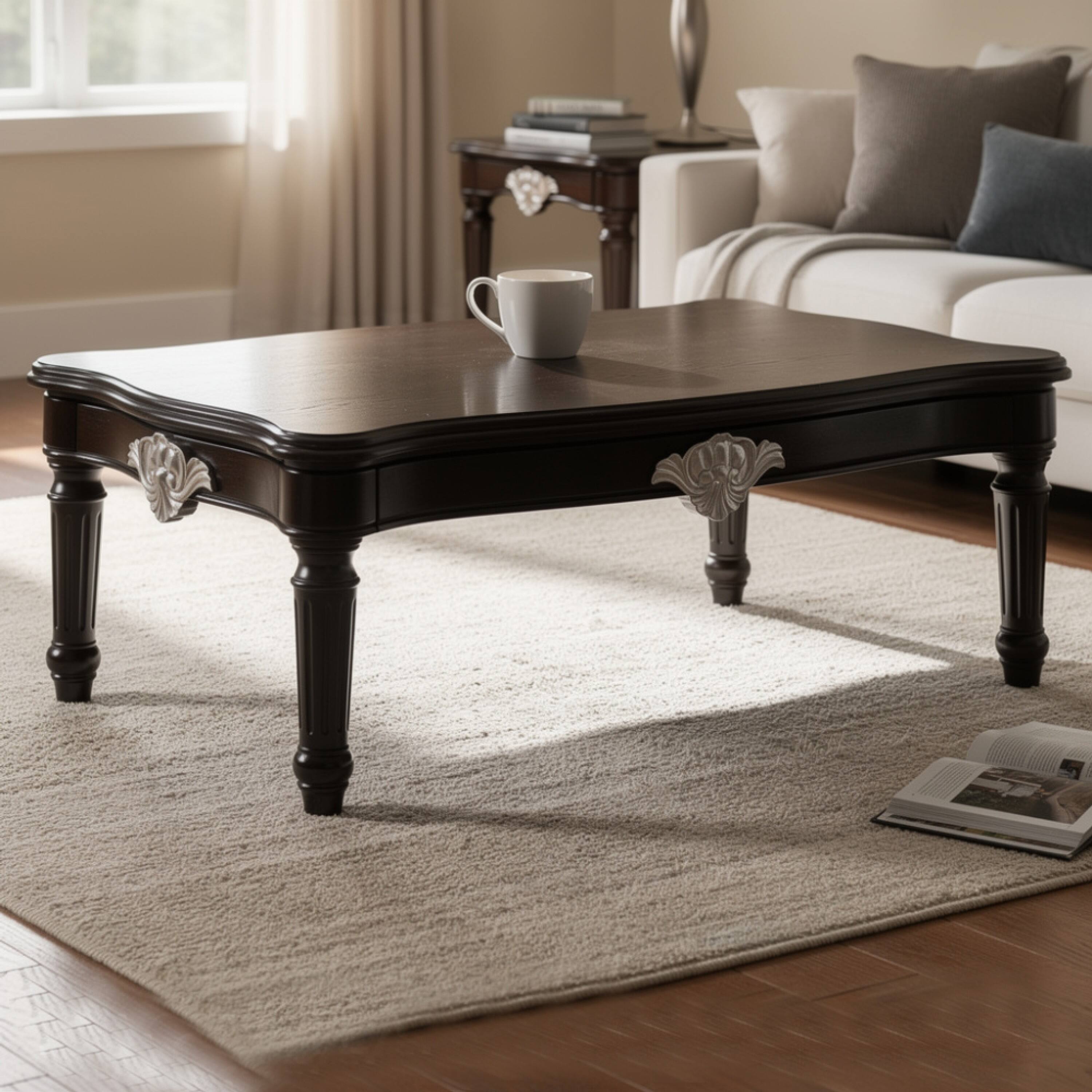 Alt View 4. Manhattan Lane - Traditional Rectangular Wooden Coffee Table with Scalloped Top - Black.
