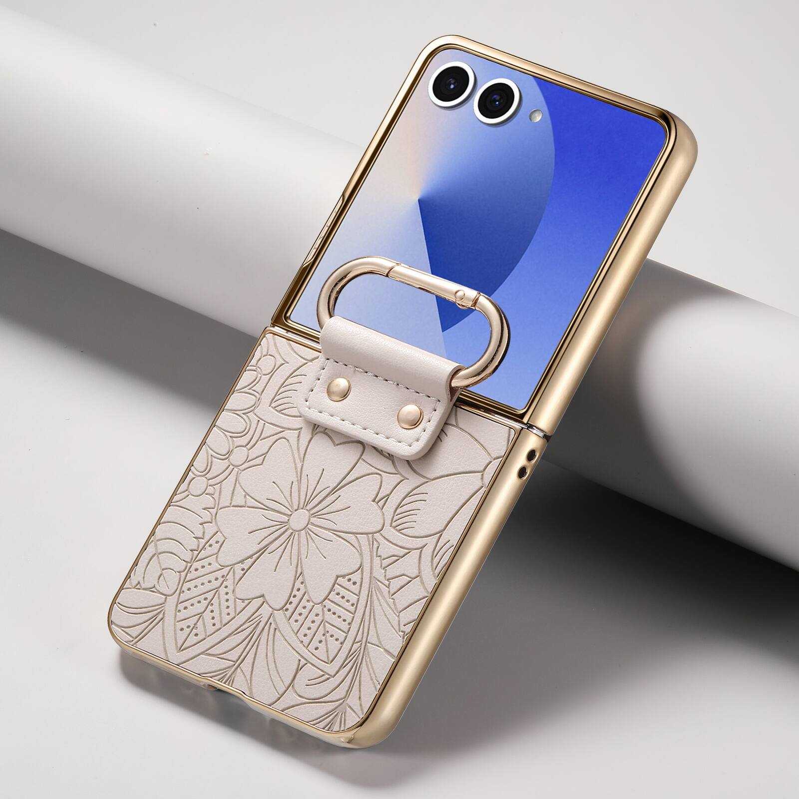 Back. Dteck - Shockproof Floral Leather Texture Case for Samsung Galaxy Z Flip8, Electroplated Rigid Plastic Cover with Ring Holder - Beige.
