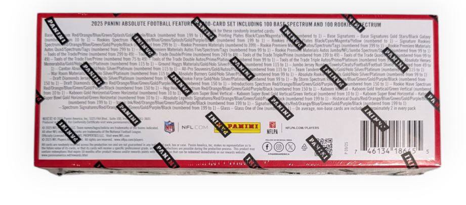 2025 PANINI ABSOLUTE FOOTBALL FEATURED 200-CARD SET INCLUDING 100 BASE SPECTRUM AND 100 ROOKIE SPECTRUM

- 100 BASE SPECTRUM: Randomly inserted cards
  - 1 Base Signature
  - 1 Base Signature Gold/Black Gallery
  - 1 Base Signature Gold/Black Gallery (numbered to 99)
  - 1 Base Signature Gold/Black Gallery (numbered to 99)
  - 1 Base Signature Gold/Black Gallery (numbered to 99)
  - 1 Base Signature Gold/Black Gallery (numbered to 99)
  - 1 Base Signature Gold/Black Gallery (numbered to 99)
  - 1 Base Signature Gold/Black Gallery (numbered to 99)
  - 1 Base Signature Gold/Black Gallery (numbered to 99)
  - 1 Base Signature Gold/Black Gallery (numbered to 99)
  - 1 Base Signature Gold/Black Gallery (numbered to 99)
  - 1 Base Signature Gold/Black Gallery (numbered to 99)
 