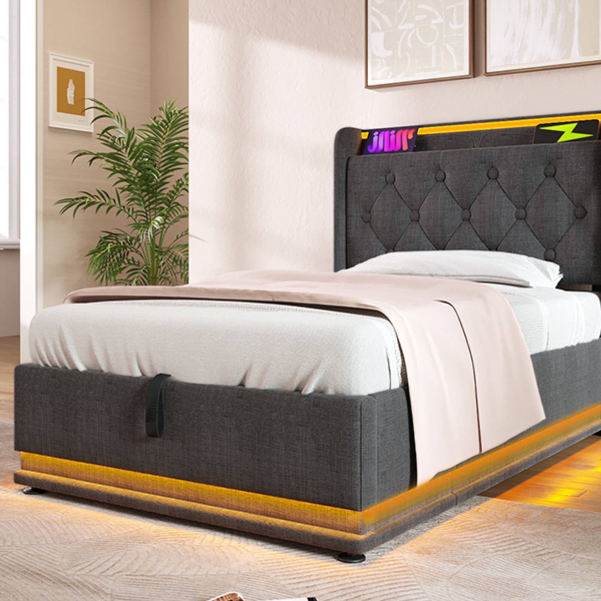 Alt View 5. GOODSILO - Twin Size Upholstered Bed Frame with LED Lighting and Hydraulic Storage - Gray.