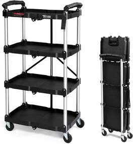 Winado - Heavy Duty 4-Tier Folding Utility Cart with Wheels & Brakes - Foldable Storage Cart for Home, Office, Camping, Groceries - Black