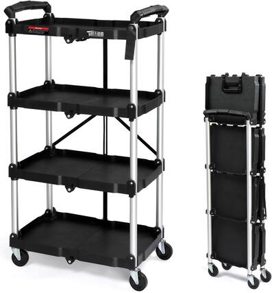 Front. Winado - Heavy Duty 4-Tier Folding Utility Cart with Wheels & Brakes - Foldable Storage Cart for Home, Office, Camping, Groceries - Black.