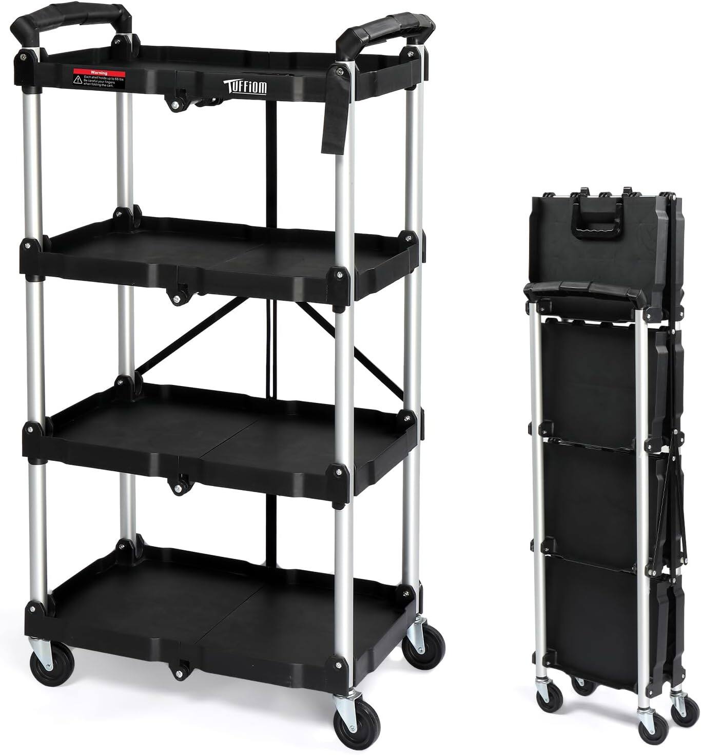 Front. Winado - Heavy Duty 4-Tier Folding Utility Cart with Wheels & Brakes - Foldable Storage Cart for Home, Office, Camping, Groceries - Black.