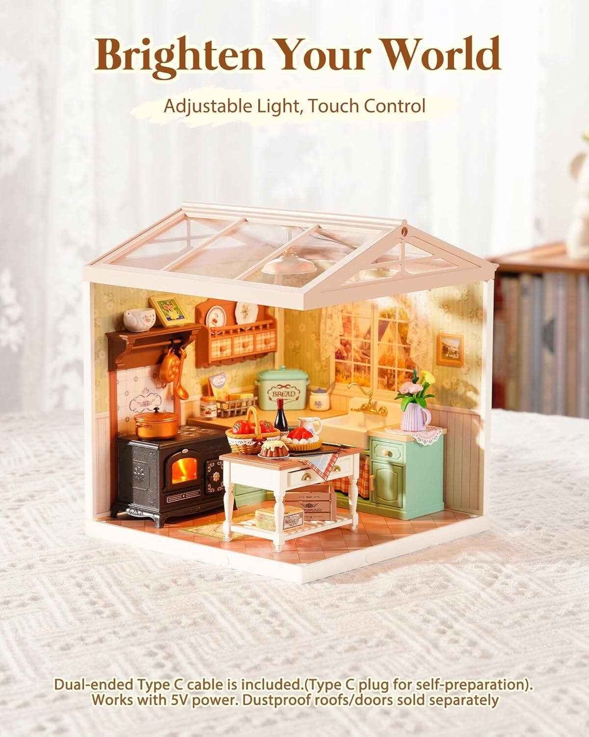 Brighten Your World  
Adjustable Light, Touch Control  

Dual-ended Type C cable is included. (Type C plug for self-preparation).  
Works with 5V power. Dustproof roofs/doors sold separately