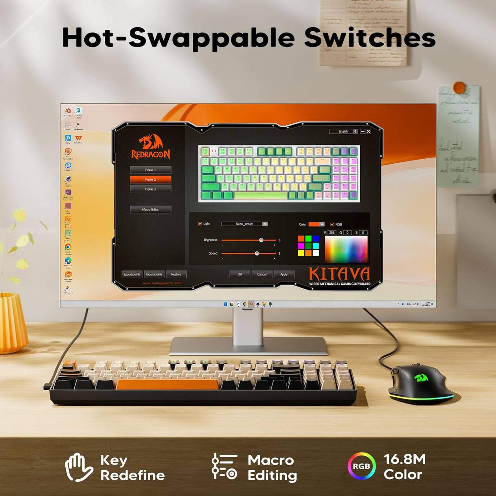 Hot-Swappable Switches 3 W7 Eulut x REDRAGON Rote - ~e tuts - -oe E A FRA no Y Coler nca . 2 4 + a - Eoinggteeer  Spend 1: od  Ipor - - -oth D T - KITAVA - - REERANA LARING SETSDARD Key Redefine Macro Editing 16.8M RGB Color