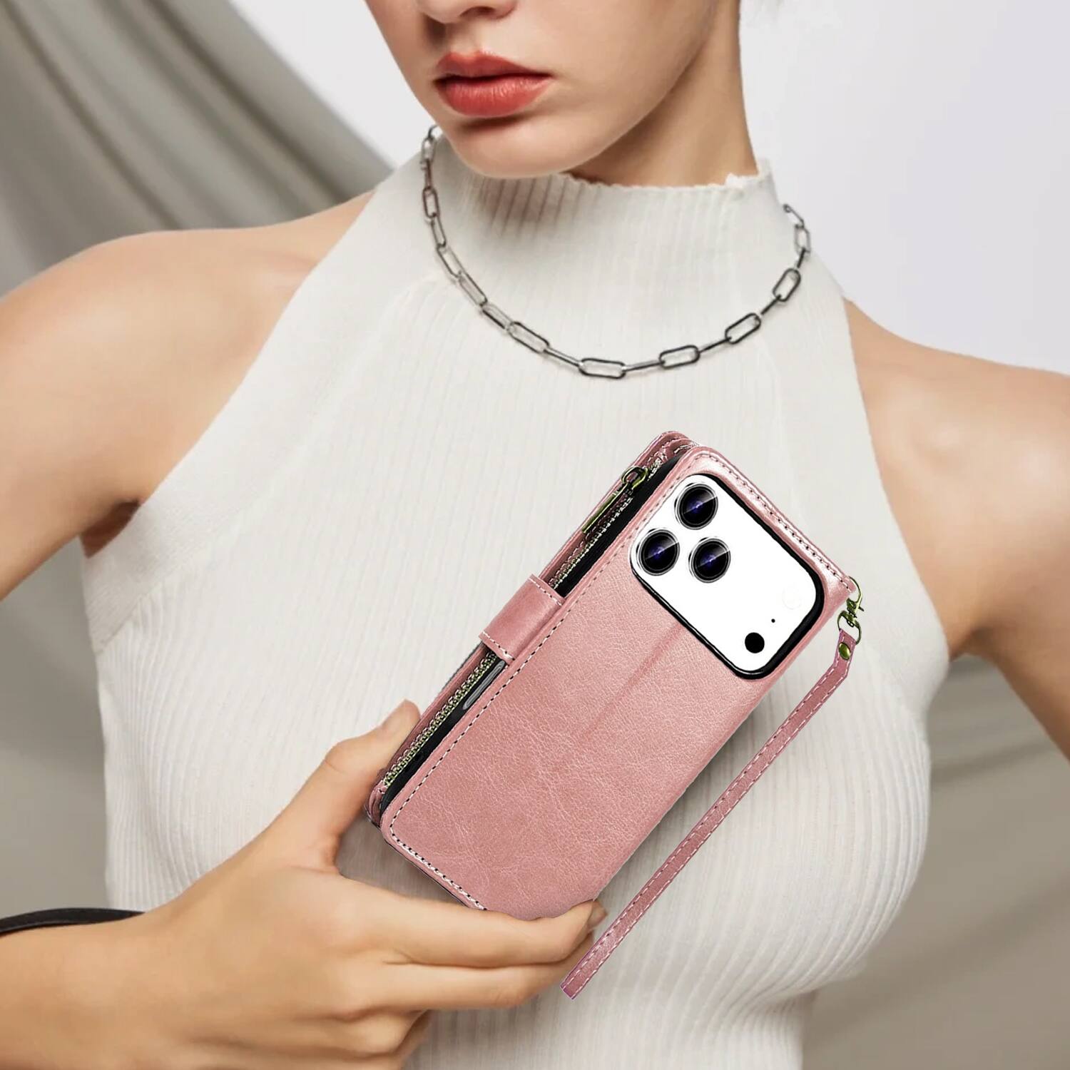 Alt View 7. Equipd - Phone Case for iPhone 17 Pro 6.3", Luxury Wallet Card ID Zipper Money Holder Cover (Rose Gold) - Rose Gold.