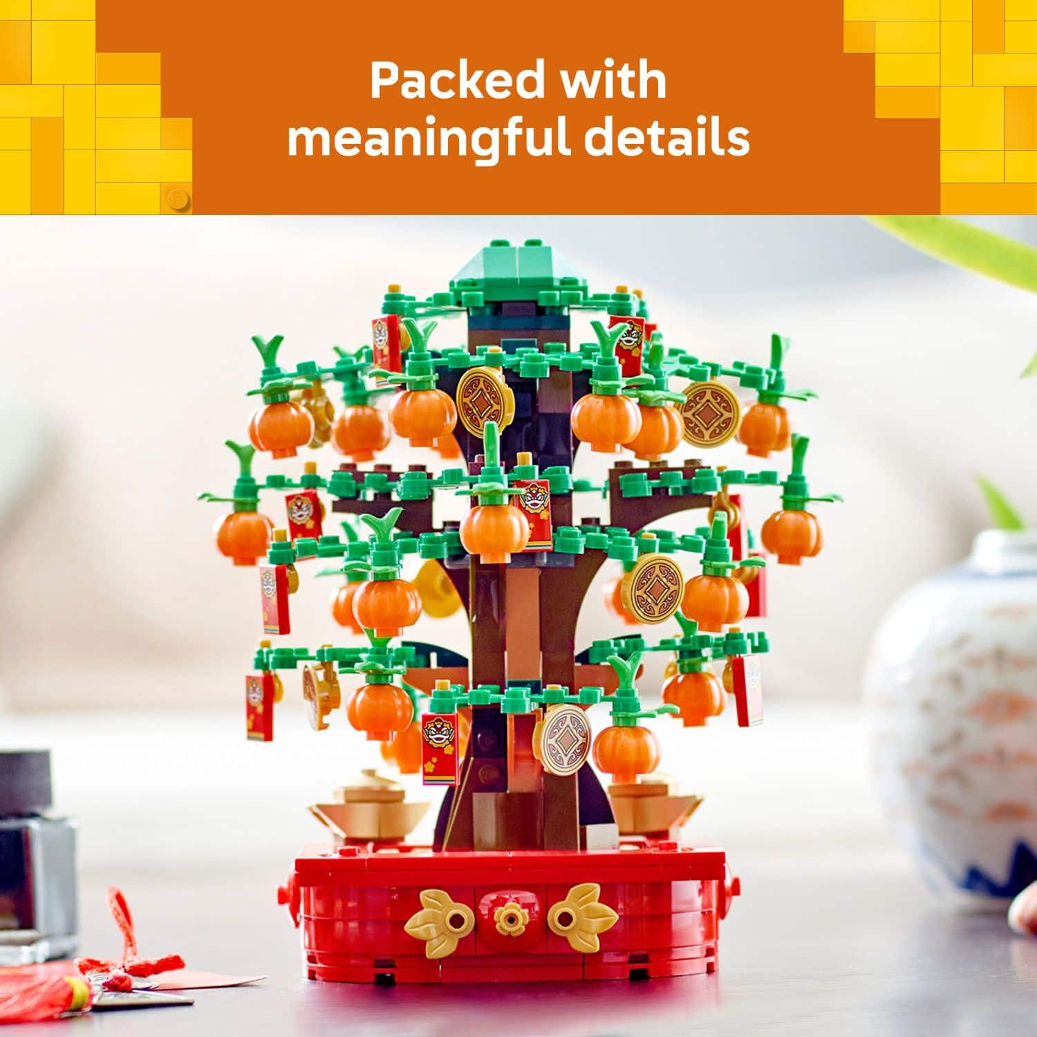 Packed with meaningful details, a 3-4 year old Lego tree is displayed on a table.