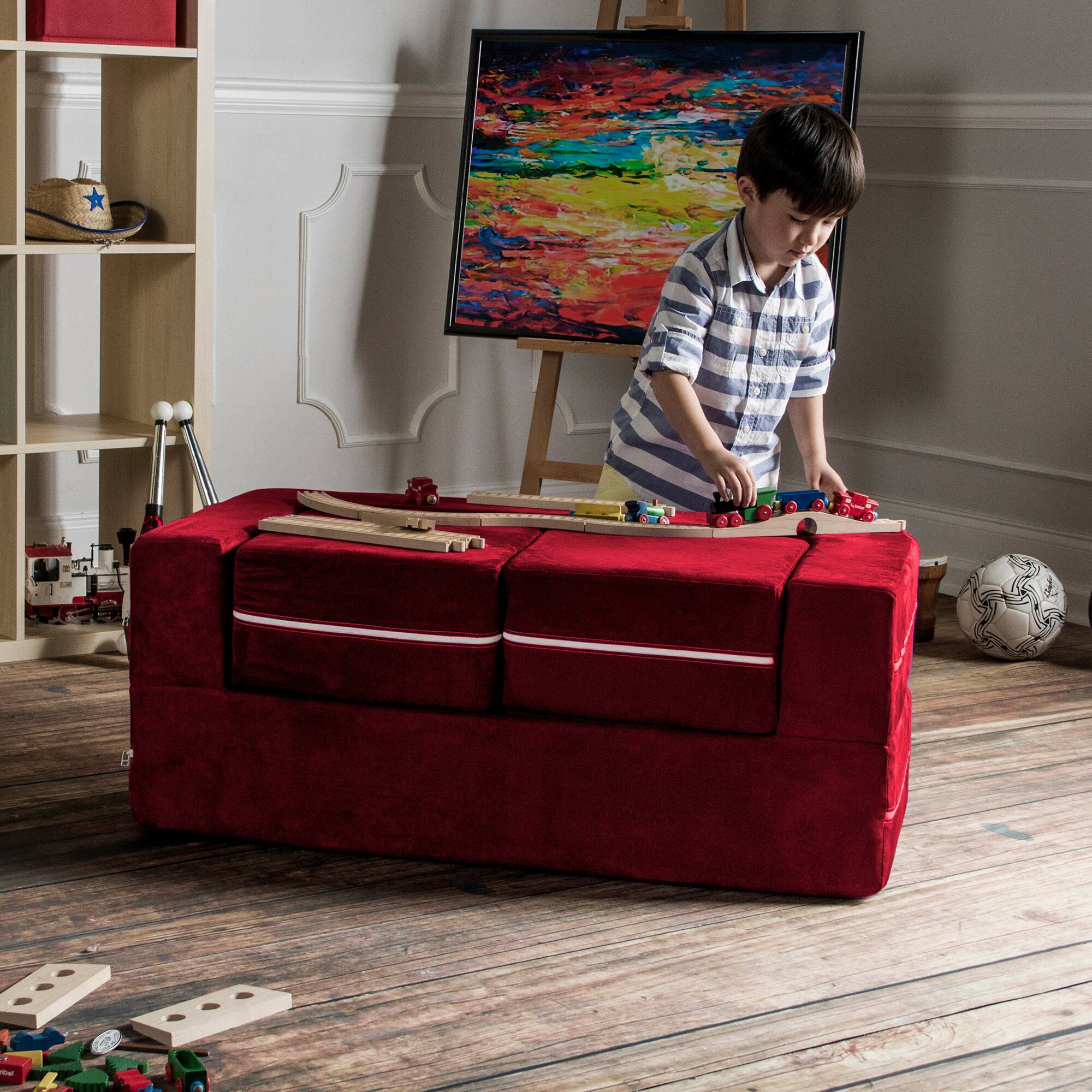 Alt View 4. Jaxx - Jaxx Zipline Kids Modular Loveseat & Ottomans/Fold Out Lounger, Cherry - Cherry.