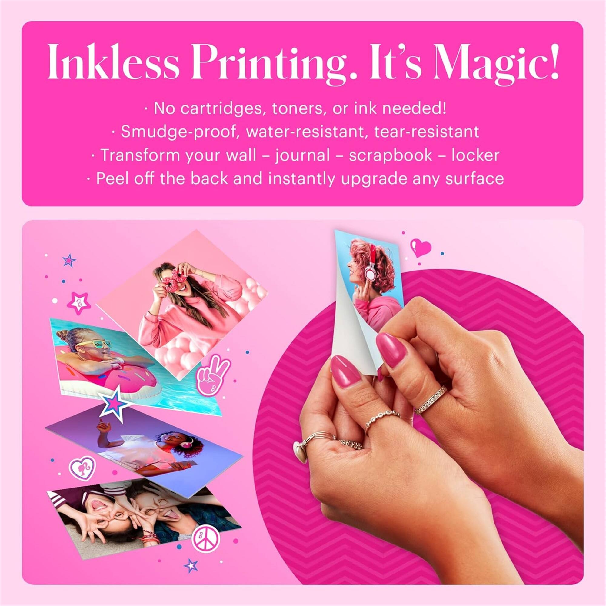 Inkless Printing. It's Magic!  
No cartridges, toners, or ink needed!  
Smudge-proof, water-resistant, tear-resistant  
Transform your wall - journal - scrapbook - locker  
Peel off the back and instantly upgrade any surface
