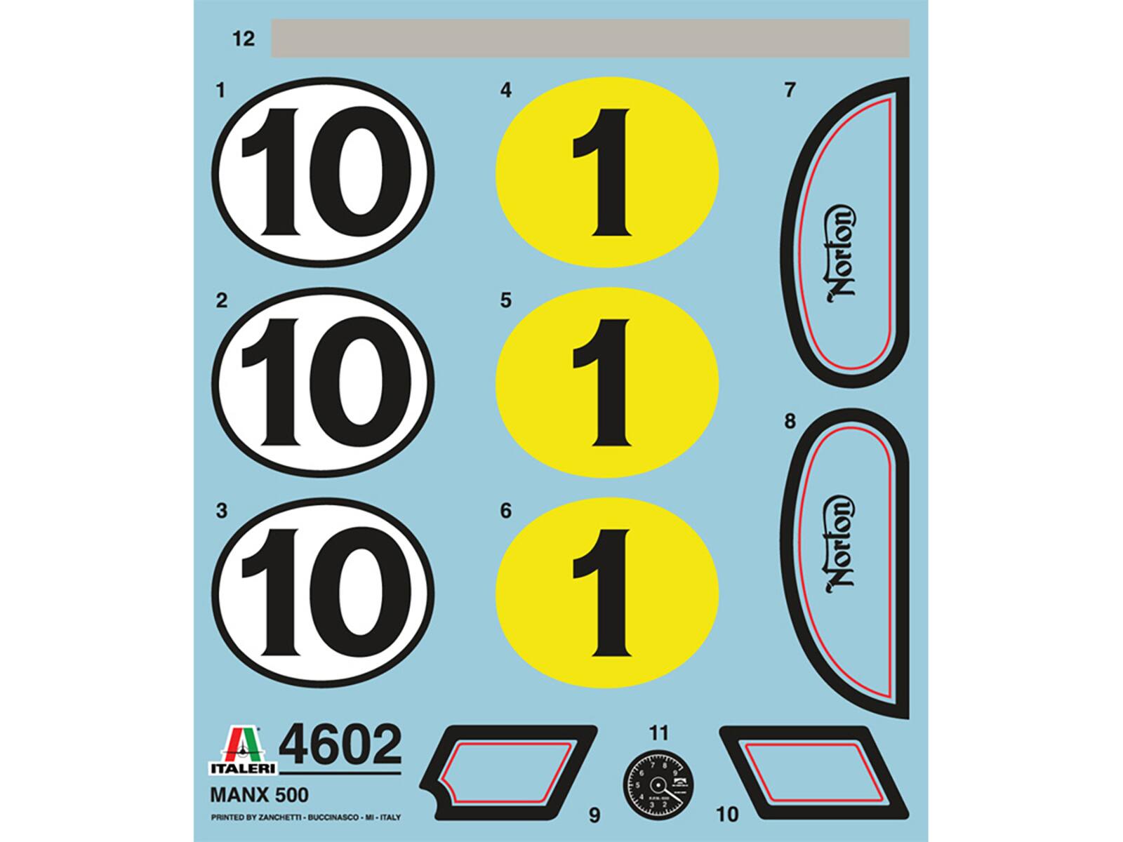 12  
1 10  
2 10  
3 10  
4 1  
5 1  
6 1  
7 Norton  
8 Norton  
9  
10  
11  
12  

4602  
ITALERI  
MANX 500  
PRINTED BY ZANCHETTI - BUCCINASCO - MI - ITALY