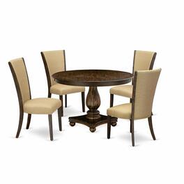 East West Furniture - 5-Piece Modern Dining Set - Pedestal Dining Table and 4 Brown Color Parson Dining Chairs with High - Multi-Color